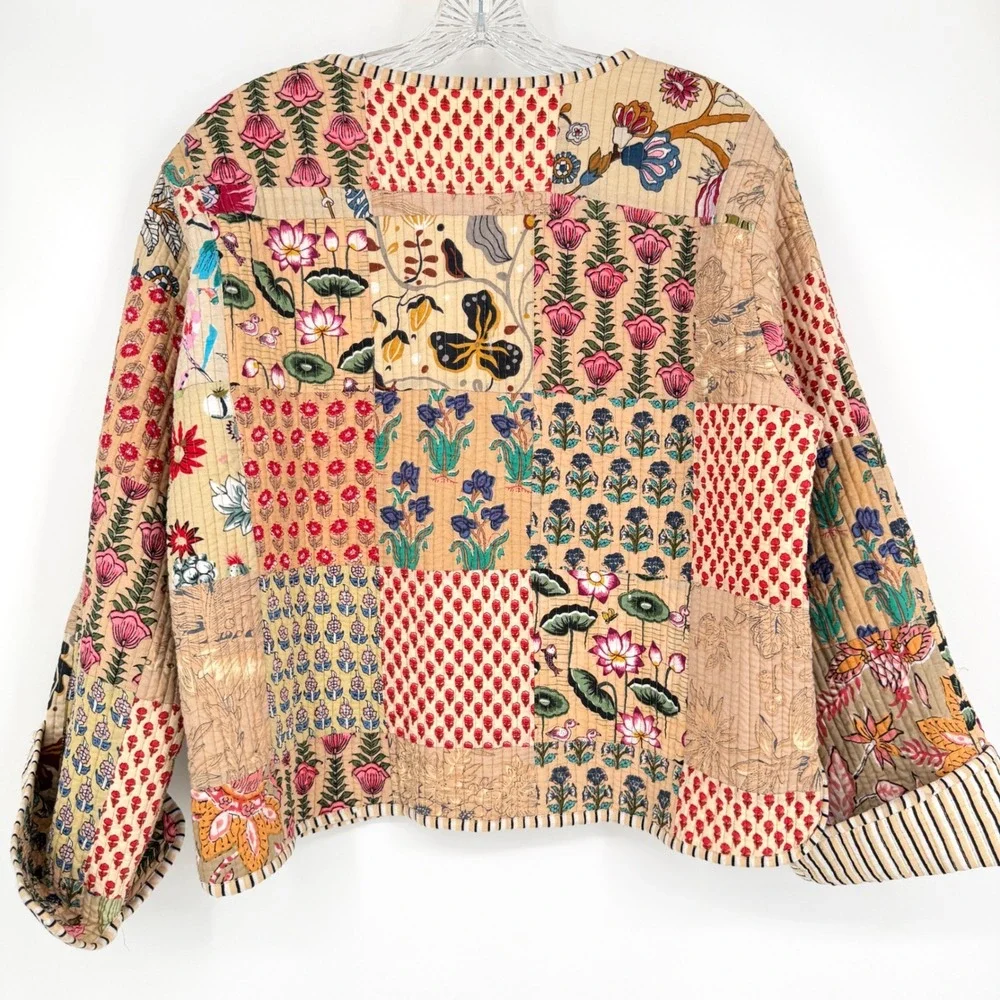 Reversible Quilted Patchwork Jacket Tan Multi Floral Kantha Style Button Front M - Picture 2 of 13